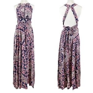 Abel The Label Anthropologie Vienna Smocked Floral Maxi Dress S Navy Halter Slit